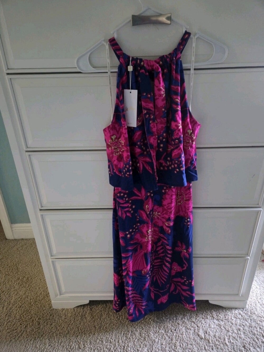 Lilly Pulitzer Stella Mae Halter Midi Dress — Navy & Hot Pink Floral
